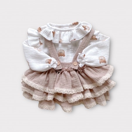 Komplet : Koszula muślinowa Little Teddy & spódnica/ bloomersy na szelkach pastelowy beż