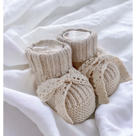 SWETERKOWE SKARPETKI/ BUCIKI beżowe z koronką