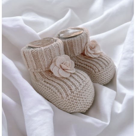 SWETERKOWE SKARPETKI/ BUCIKI Tinkerbell BEŻOWE Z beżowym kwiatuszkiem