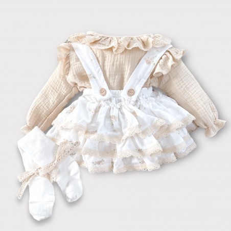 KOMPLET : KOSZULA MUŚLINOWA waniliowy beż & SPÓDNICA/ BLOOMERSY NA SZELKACH Pastel Roses + rajstopy