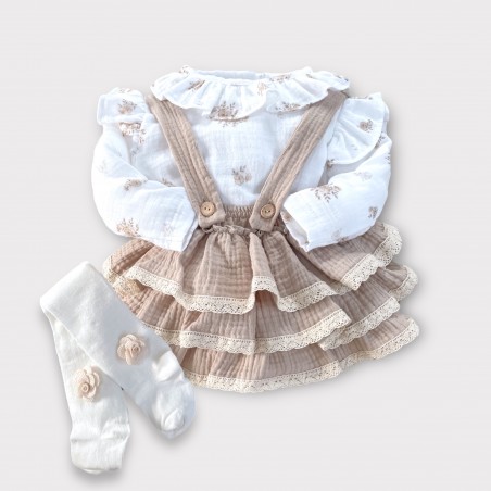 KOMPLET : KOSZULA MUŚLINOWA Cinnamon Roses & SPÓDNICA/ BLOOMERSY NA SZELKACH PASTELOWY BEŻ+ RAJSTOPY