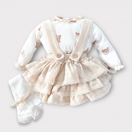 Komplet: Koszula prążkowana Little Teddy + spódnica/ bloomers na szelkach Waniliowy beż + rajstopy