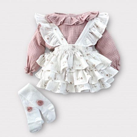 KOMPLET : KOSZULA MUŚLINOWA pudrowy róż & SPÓDNICA ogrodniczka Fragile Peony + rajstopy