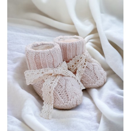 SWETERKOWE SKARPETKI/ BUCIKI O WARKOCZOWYM SPLOCIE pudrowe Z KORONKĄ