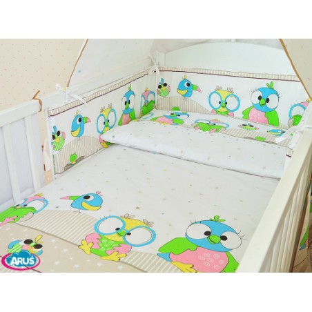 ARUŚ 7 el. pościel do łóżeczka 120*90 (21-bezowe sowy NOWE)