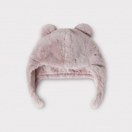 Czapka miś ze sztucznego futerka z uszami pudrowy róż