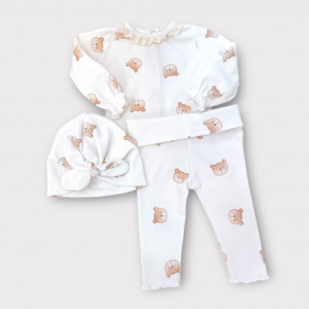 Komplet prążkowany Little Teddy : Bluzka, legginsy, turban