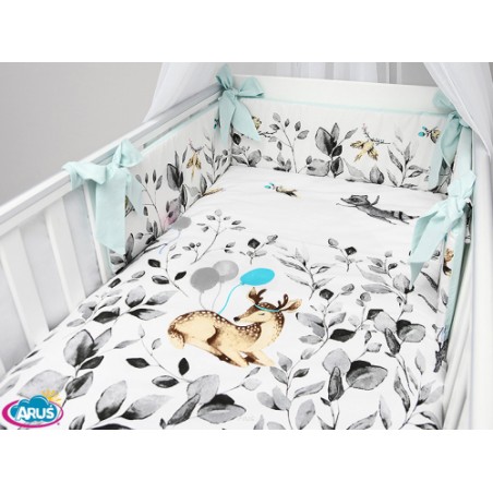 3 el.Pościel do łóżeczka 120x90 dwustronna "KOKARDKA" (sarenka popielata +mięta)