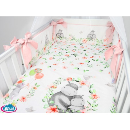 3 el.Pościel do łóżeczka 120x90 dwustronna "KOKARDKA" (hipcie pomarańcz +pudrowy róż)