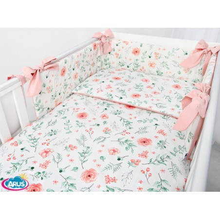 3 el.Pościel do łóżeczka 120x90 dwustronna "KOKARDKA" (eucaliptus +pudrowy róż)