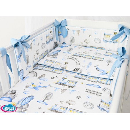 3 el.Pościel do łóżeczka 120x90 dwustronna "KOKARDKA" (ciuchcia niebieska +niebieski)