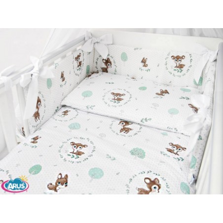 3 el.Pościel do łóżeczka 120x90 dwustronna "KOKARDKA" (wianuszki zielone +popiel kropki)