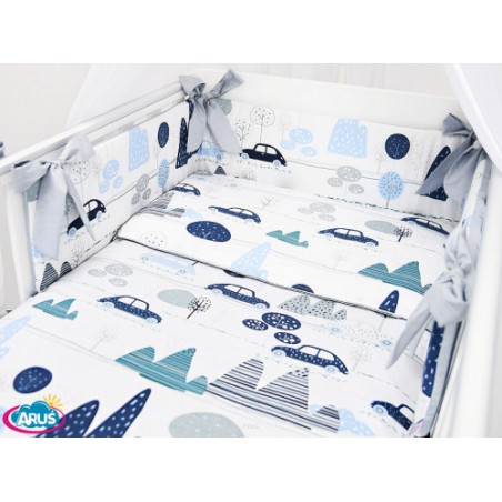 3 el.Pościel do łóżeczka 120x90 dwustronna "KOKARDKA" (samochody w górach +popiel gładki