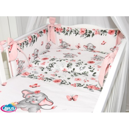 3 el.Pościel do łóżeczka 120x90 dwustronna "KOKARDKA" (słoniki brzoskwiniowe +róz pudrowy)