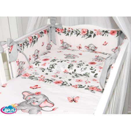 3 el.Pościel do łóżeczka 120x90 dwustronna "KOKARDKA" (słoniki brzoskwiniowe +popiel)