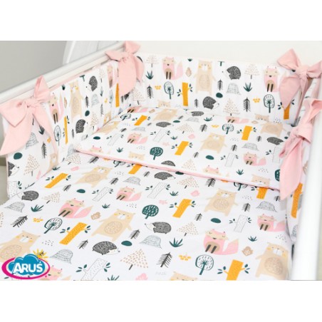 3 el.Pościel do łóżeczka 120x90 dwustronna "KOKARDKA" (niedźwiadki +róż puder)