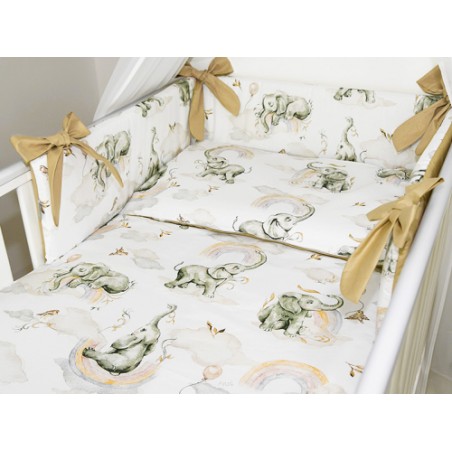 3 el.Pościel do łóżeczka 120x90 dwustronna "KOKARDKA" (słoniki z tęczą +beż)
