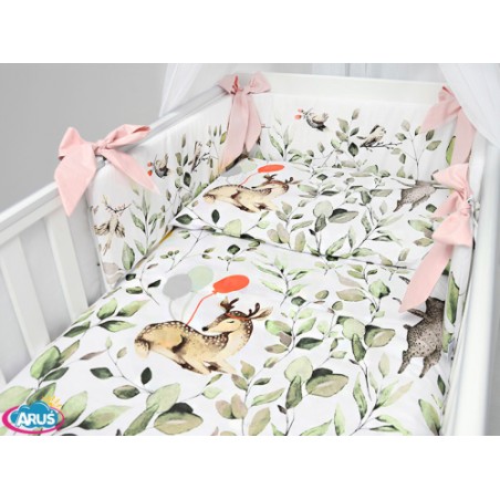 5 el.Pościel do łóżeczka 120x90 dwustronna "KOKARDKA" (sarenka zielona +pudrowy róż)