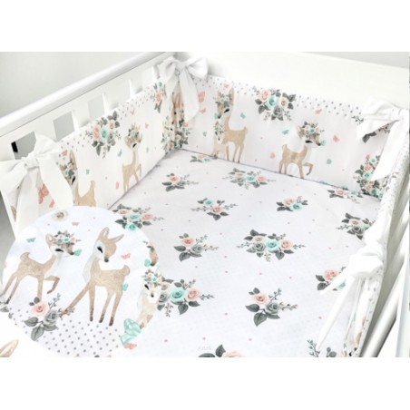 5 el.Pościel do łóżeczka 120x90 dwustronna "KOKARDKA" (sarenka biała +popiel kropki)