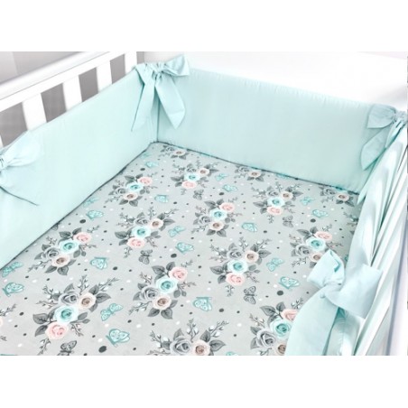 5 el.Pościel do łóżeczka 120x90 dwustronna "KOKARDKA" (różyczki popielate +mięta)
