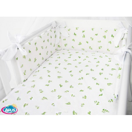 5 el.Pościel do łóżeczka 120x90 dwustronna "KOKARDKA" (zielone gałązki +biały gładki)