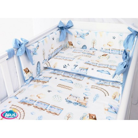 5 el.Pościel do łóżeczka 120x90 dwustronna "KOKARDKA" (ciuchcia brązowa +niebieski gładki)