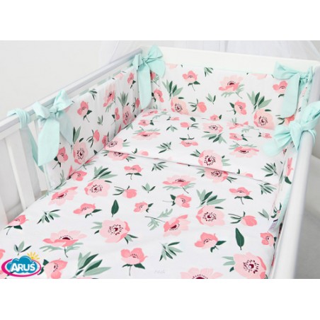 5 el.Pościel do łóżeczka 120x90 dwustronna "KOKARDKA" (calineczka +mięta gładka)