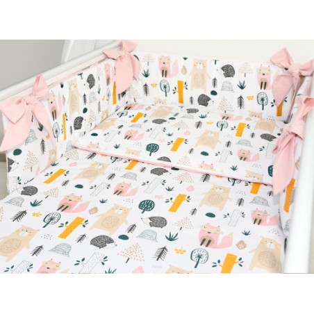 5 el.Pościel do łóżeczka 120x90 dwustronna "KOKARDKA" (niedźwiadki +róż puder)