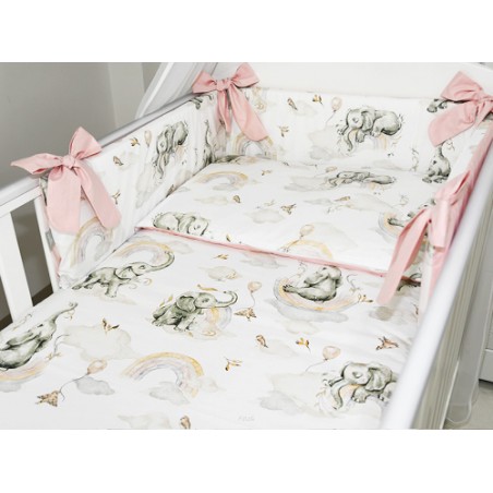 5 el.Pościel do łóżeczka 120x90 dwustronna "KOKARDKA" (słonik z tęczą +róż puder)