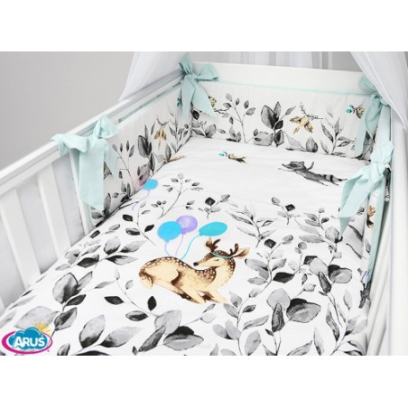 7 el.Pościel do łóżeczka 120x90 dwustronna "KOKARDKA" (sarenka popielata +mięta)