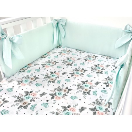7 el.Pościel do łóżeczka 120x90 dwustronna "KOKARDKA" (różyczki białe +mięta)