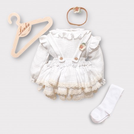 Komplet do Chrztu: Koszula + Spódnica/ bloomers na szelkach + rajstopy + opaska + wieszak personalizowany