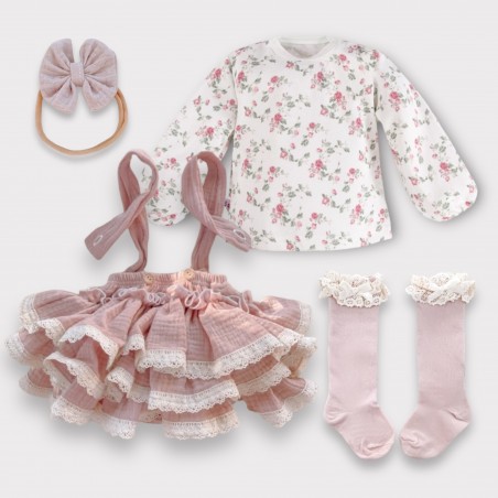 KOMPLET: Bluzka Roses + SPÓDNICA/ BLOOMERS NA SZELKACH pudrowy róż + podkolanówki +opaska