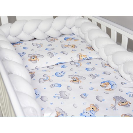 3 el.Pościel do łóżeczka 120x90 "Nature&Flowers" (niebieskie misie na chmurce +biały warkocz)