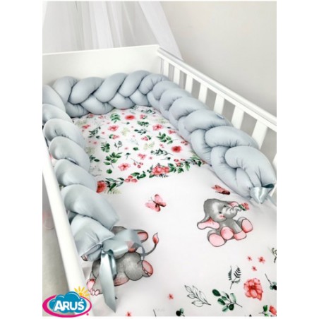 5 el.Pościel do łóżeczka 120x90 "Nature&Flowers" (brzoskwiniowe sloniki +popielaty warkocz)