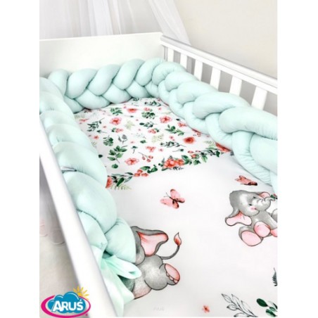 5 el.Pościel do łóżeczka 120x90 "Nature&Flowers" (brzoskwiniowe słoniki +miętowy warkocz)