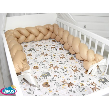 5 el.Pościel do łóżeczka 120x90 "Nature&Flowers" (zwierzaki leśne beżowe +beżowy warkocz)