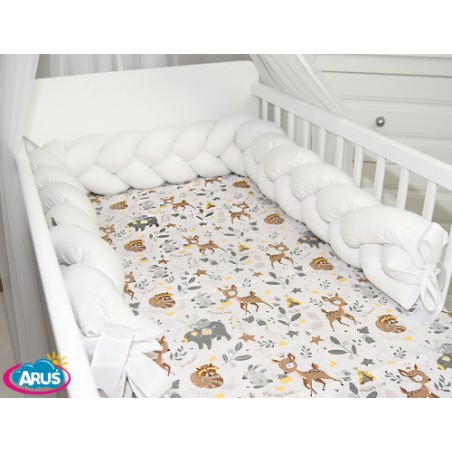 7 el.Pościel do łóżeczka 120x90 "Nature&Flowers" (zwierzaki leśne beżowe +biały warkocz)