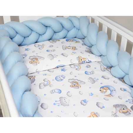 7 el.Pościel do łóżeczka 120x90 "Nature&Flowers" (niebieskie misie na chmurce +niebieski warkocz)