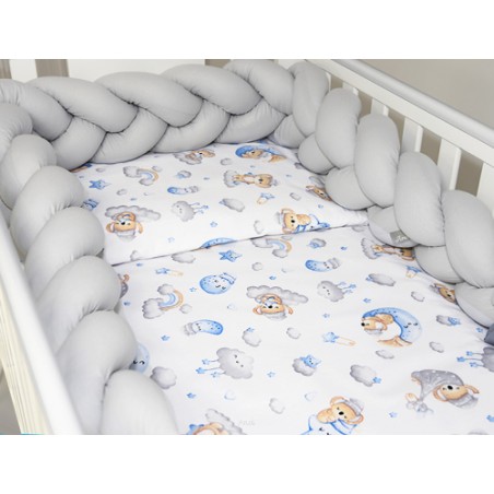 7 el.Pościel do łóżeczka 120x90 "Nature&Flowers" (niebieskie misie na chmurce +popielaty warkocz)