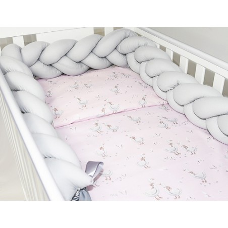 7 el.Pościel do łóżeczka 120x90 "Nature&Flowers" (różowe gąski +popielaty warkocz)