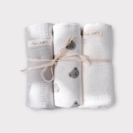 ZESTAW 3 SZT OTULACZY MUŚLINOWYCH MAŁE MISIE (E1)