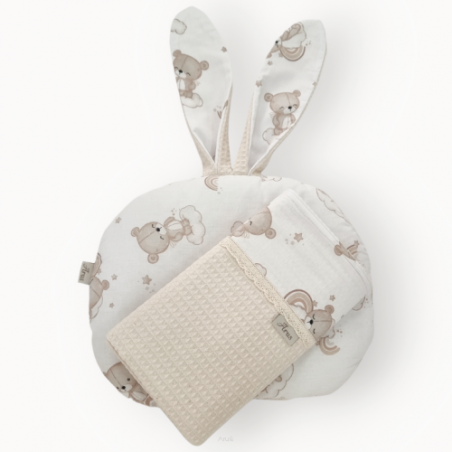 Zestaw wafelek koc + podusia Bunny (beżowy+beżowe misie na tęczy)