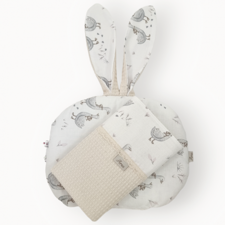 Zestaw wafelek koc + podusia Bunny (beżowy+gąski białe)