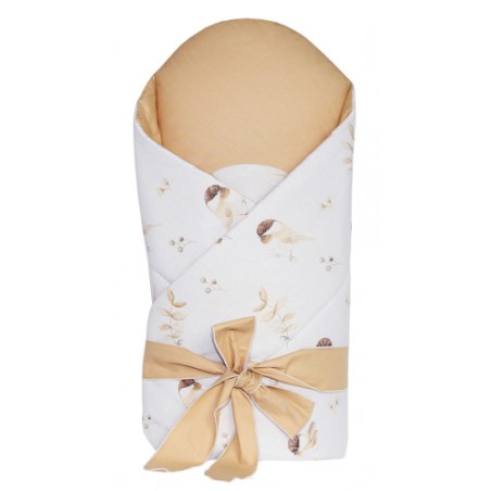 Rożek becik usztywniony wiązany KOKARDKA (wróbelki +beż)