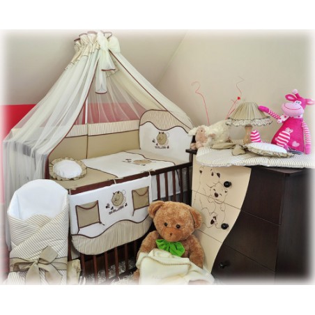 5 el.Pościel do łóżeczka 120x90 z moskitierą "PASKI" (beżowy kotek)