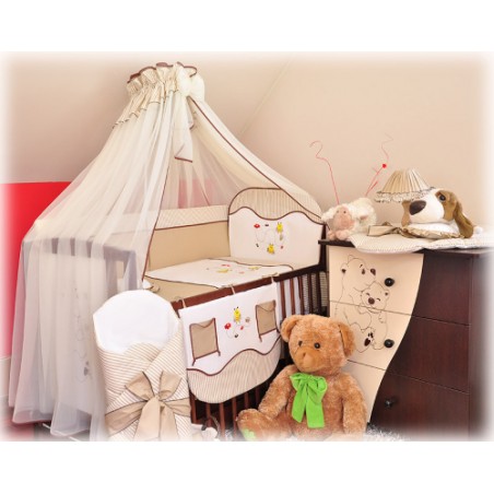 5 el.Pościel do łóżeczka 120x90 z moskitierą "PASKI" (pszczółki)