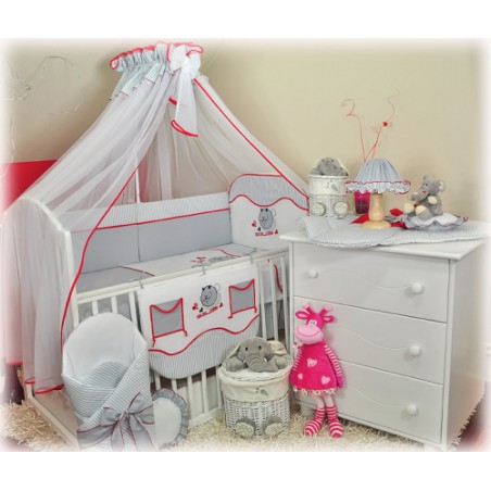 5 el.Pościel do łóżeczka 120x90 z moskitierą "PASKI" (popielaty kotek)