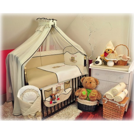 9 el.Pościel do łóżeczka 120x90 z moskitierą "PASKI" (beżowy miś balonik)