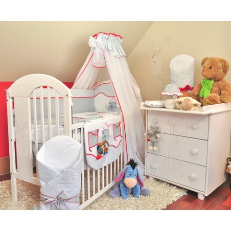 10 el.Pościel do łóżeczka 120x90 z moskitierą "PASKI" (popielaty miś balonik)